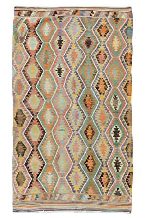 158x276 cm Geometrik Desenli Eski El Yapımı Yün Kilim, Düz Dokuma Kilim