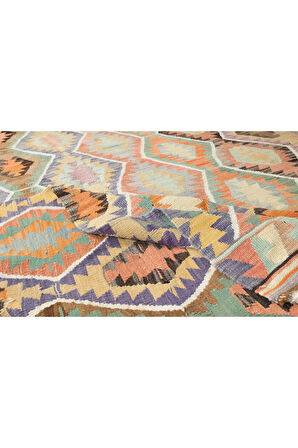 158x276 cm Geometrik Desenli Eski El Yapımı Yün Kilim, Düz Dokuma Kilim