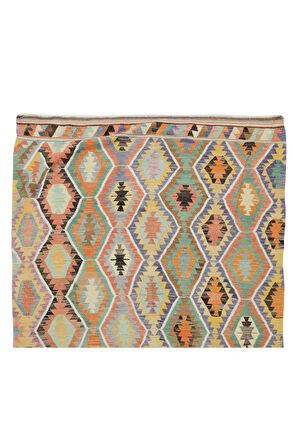 158x276 cm Geometrik Desenli Eski El Yapımı Yün Kilim, Düz Dokuma Kilim