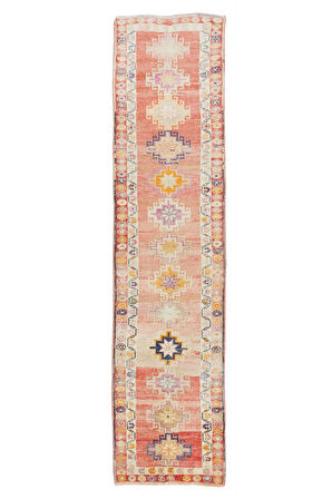 86x374 cm Geleneksel El Düğümlü Koridor Halısı, Yüzyıl Ortasından Geometrik Desenli Koridor Halısı
