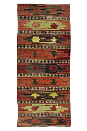 194x426 cm Eski El Dokuma Ethnik Yolluk Kilim. Rustik Düz Dokuma Koridor Kilimi. %100 Yün