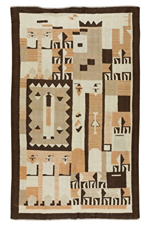 122x198 cm Eski El Dokuması Kilim, Türünün Tek Örneği Geometrik Desenli 1970'lerden Kilim