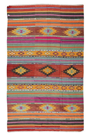 176x283 cm Eski El Dokuması Kilim, %100 Yünden Yapılmış Geometrik ve Çizgi Desenli Kilim Halı