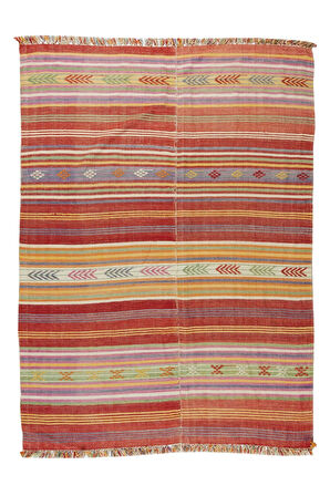 174x235 cm El Yapımı Çizgi Desenli Eski Kilim, Çift Yönlü. %100 Yün