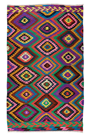 162x268 cm Göz Alıcı Renklerde El Yapımı Kilim, Eşsiz Düz Dokuma Kilim. %100 Yün