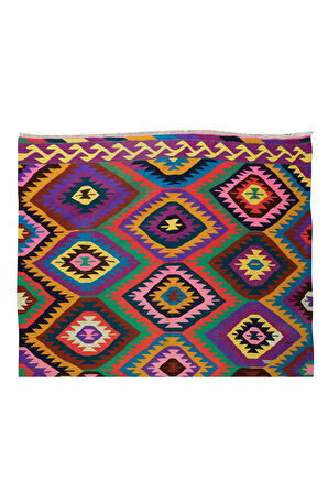 162x268 cm Göz Alıcı Renklerde El Yapımı Kilim, Eşsiz Düz Dokuma Kilim. %100 Yün