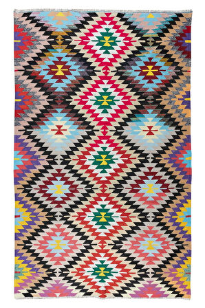 186x298 cm Göz Alıcı Tonlarda El Yapımı Kilim, Düz Dokuma Renkli Halı, Benzersiz Halı. %100 Yün