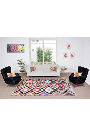 186x298 cm Göz Alıcı Tonlarda El Yapımı Kilim, Düz Dokuma Renkli Halı, Benzersiz Halı. %100 Yün