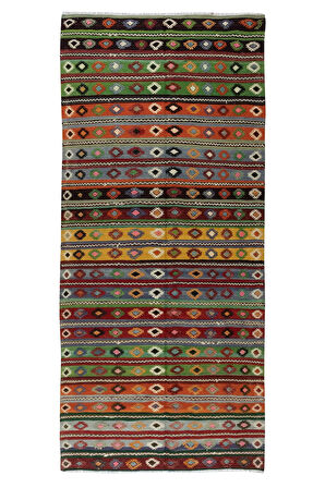 152x340 cm El Dokuması Eski Kilim Yolluk. Geometrik ve Çizgili Desenli Koridor Halısı