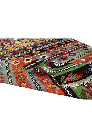 152x340 cm El Dokuması Eski Kilim Yolluk. Geometrik ve Çizgili Desenli Koridor Halısı