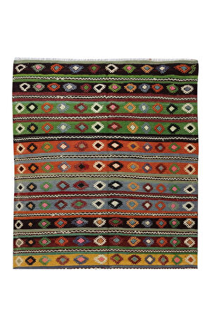 152x340 cm El Dokuması Eski Kilim Yolluk. Geometrik ve Çizgili Desenli Koridor Halısı