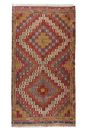 161x296 cm Türünün Tek Örneği Geometrik Desenli Eski Dekoratif El Dokuması Cicim Kilim. %100 Yün