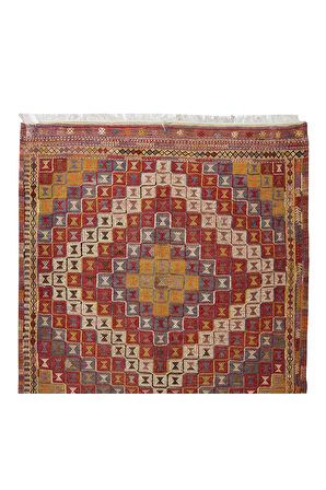 161x296 cm Türünün Tek Örneği Geometrik Desenli Eski Dekoratif El Dokuması Cicim Kilim. %100 Yün