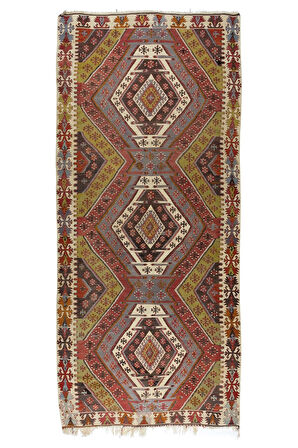 178x396 cm Geometrik Desenli El Yapımı Kilim Yolluk. Düz Dokuma Koridor Kilimi