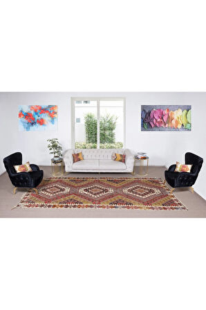 178x396 cm Geometrik Desenli El Yapımı Kilim Yolluk. Düz Dokuma Koridor Kilimi