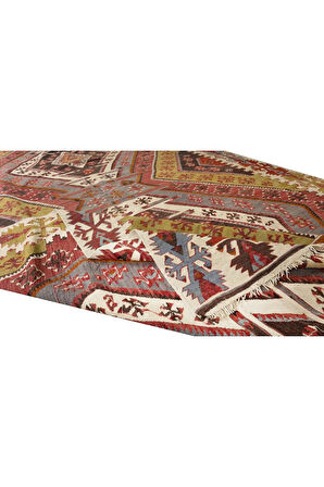 178x396 cm Geometrik Desenli El Yapımı Kilim Yolluk. Düz Dokuma Koridor Kilimi