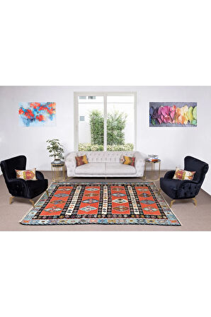 210x296 cm Eski Geometrik Desenli El Dokuması Kilim, Yünden Yapılmış Düz Dokuma Kilim Halı