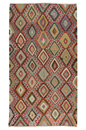 175x307 cm Çok Renkli El Yapımı Yün Kilim, Eşsiz Düz Dokuma Kilim Halı, Oturma Odası Kilimi