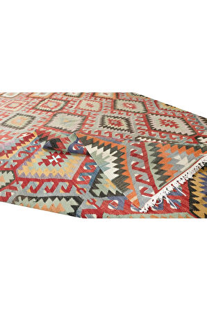 175x307 cm Çok Renkli El Yapımı Yün Kilim, Eşsiz Düz Dokuma Kilim Halı, Oturma Odası Kilimi