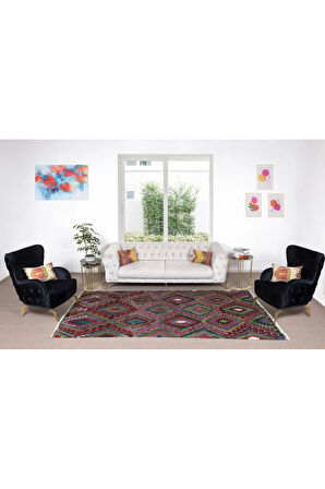 160x314 cm El Dokuması Yünden Yapılmış Dekoraif Kilim, Eski Geometrik Desenli Kilim