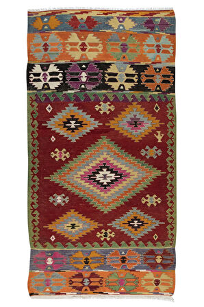 150x291 cm El Dokuması Geometrik Desenli Eski Kilim. %100 Yünden Yapıldı
