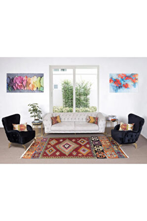150x291 cm El Dokuması Geometrik Desenli Eski Kilim. %100 Yünden Yapıldı