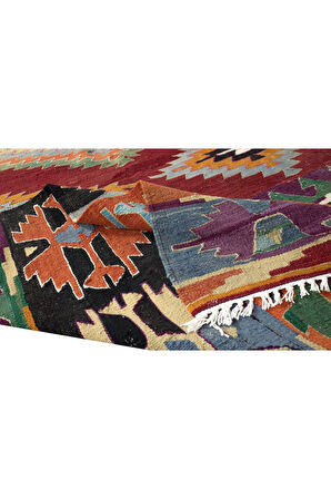 150x291 cm El Dokuması Geometrik Desenli Eski Kilim. %100 Yünden Yapıldı