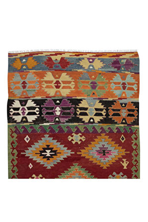 150x291 cm El Dokuması Geometrik Desenli Eski Kilim. %100 Yünden Yapıldı