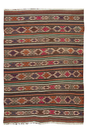 157x221 cm Çok Renkli El Dokuma Eski Yün Kilim, Düz Dokuma Halı