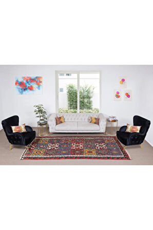 162x328 cm Çok Renkli El Dokuma Eski Kilim, %100 Yün Düz Dokuma Kilim Halı