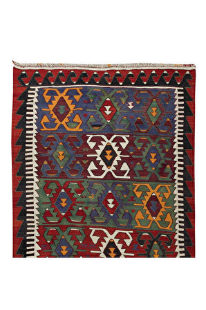 162x328 cm Çok Renkli El Dokuma Eski Kilim, %100 Yün Düz Dokuma Kilim Halı