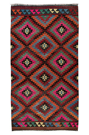 178x330 cm Geometrik Tasarımlı El Dokuma Eski Türk Yün Kilim Halısı