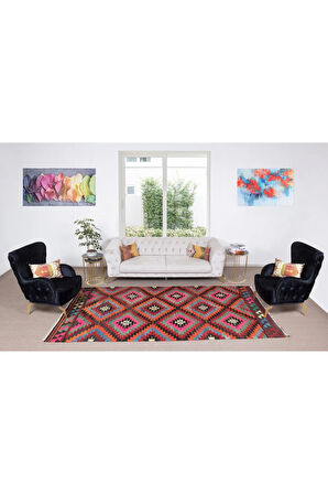 178x330 cm Geometrik Tasarımlı El Dokuma Eski Türk Yün Kilim Halısı