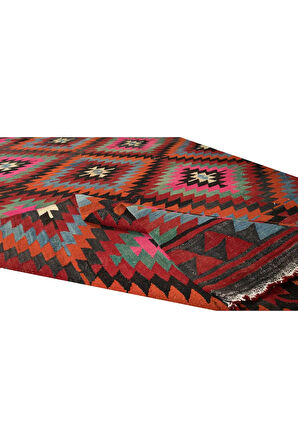 178x330 cm Geometrik Tasarımlı El Dokuma Eski Türk Yün Kilim Halısı