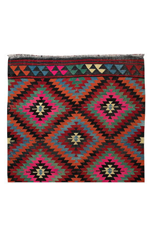 178x330 cm Geometrik Tasarımlı El Dokuma Eski Türk Yün Kilim Halısı