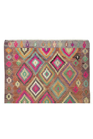 193x268 cm Çok Renkli Geometrik Desenli Eski El Yapımı Kilim. Vintage Halı. %100 Yünden yapılmıştır