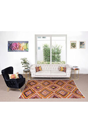 184x258 cm Oda Boyutunda Kilim Halı, Eski El Dokuması Geometrik Desenli Kilim