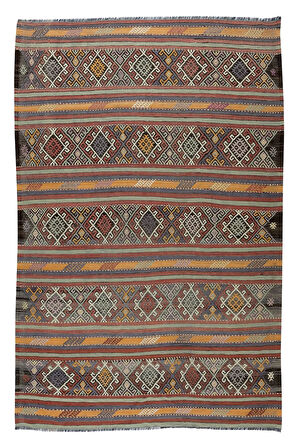 186x277 cm Düz Dokuma Eski Kilim, El Dokuması Kilim Halı. %100 Yün