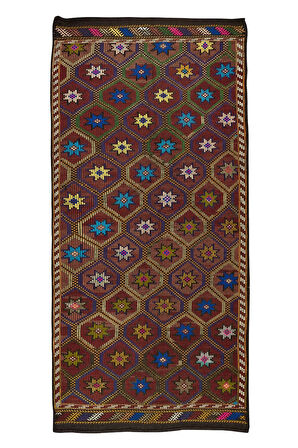 140x315 cm Türünün Tek Örneği Eski Dekoratif El Dokuması Cicim Kilim. %100 Yün
