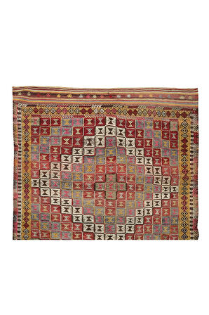 159x252 cm Türünün Tek Örneği Geometrik Desenli Eski Dekoratif El Dokuması Cicim Kilim. %100 Yün