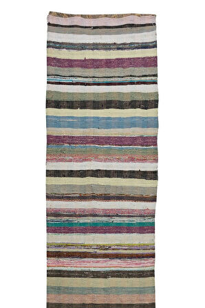 70x371 cm Eski El Yapımı Pamuklu Çaput. Düz Dokuma Kilim Yolluk (Ölçü Ayarlanabilir)