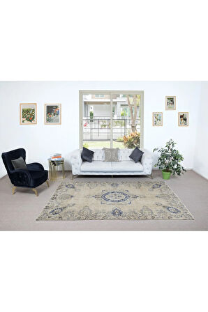 195x290 cm Bej ve Lacivert, Güneşte Soldurulmuş El Yapımı Halı, Yüzyıl Ortası Anadolu Halısı