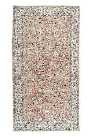 116x210 cm Botanik Desenli Yumuşak Kırmızı ve Bej Romantik Desenli Eski El Yapımı Türk Halısı