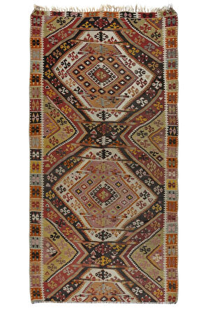 148x280 cm Eski Anadolu Kilimi, Düz Dokuma Renkli Halı, %100 Yünden Yapılmıştır