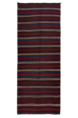 125x320 cm Çizgili Desenli El Dokuma Türk Kilimi, Düz Dokuma Çok Renkli Kilim, %100 Yün