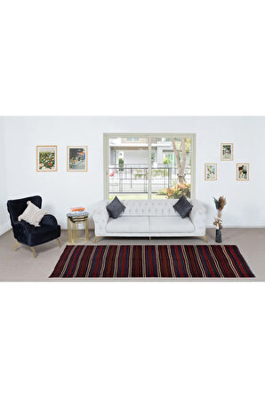 125x320 cm Çizgili Desenli El Dokuma Türk Kilimi, Düz Dokuma Çok Renkli Kilim, %100 Yün
