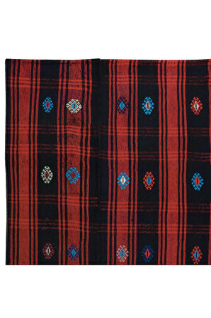 139x243 cm Eski El Dokuma Kilim, Kırmızı, Lacivert ve Siyah Anadolu Halısı