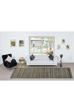 132x370 cm Düz Dokuma Türk Yolluk Kilim, Eski Çizgili Yün Koridor Halısı