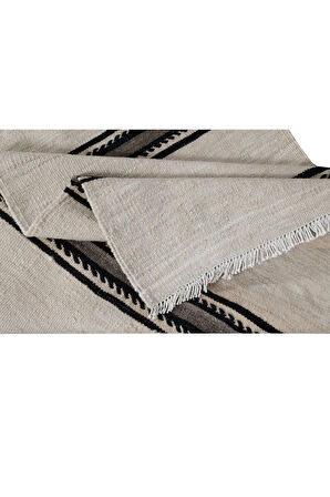66x536 cm Siyah Gri Çizgili Krem Renkli El Dokuma Anadolu Dar Uzun Yolluk Kilim, Koridor Kilimi