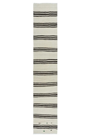 59x305 cm Krem rengi, Koyu Kahve Çizgili Eski Anadolu Dar Kilim Yolluk, Düz Dokuma Koridor Halısı